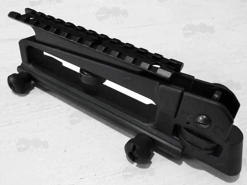 Aluminium M4 M16 Series Rifle Carry Handle, Shown with a Slot-In Twelve Slot Weaver Sight Rail Adapter Fitted