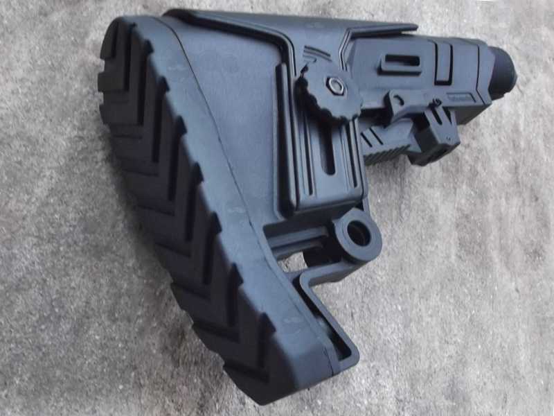 Rubber Buttpad View of The DP10 Black Polymer Collapsible Tactical Rifle Buttstock with Adjustable Cheek Rest Riser