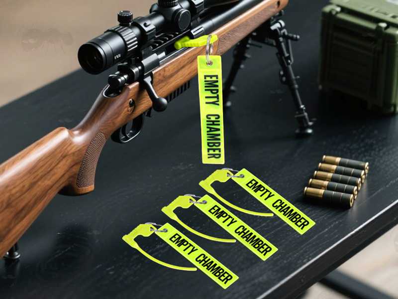 Pack of Five High-Visibility Green Reflective Empty Chamber Safety Flags with Plastic Breech Plugs, One Shown Fitted to A Bolt Action Rifle