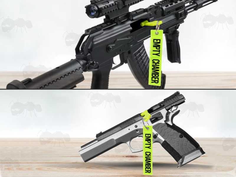 High-Visibility Green Reflective Empty Chamber Safety Flags with Plastic Breech Plug, Shown Fitted to a Tactical AK Rifle and Pistol