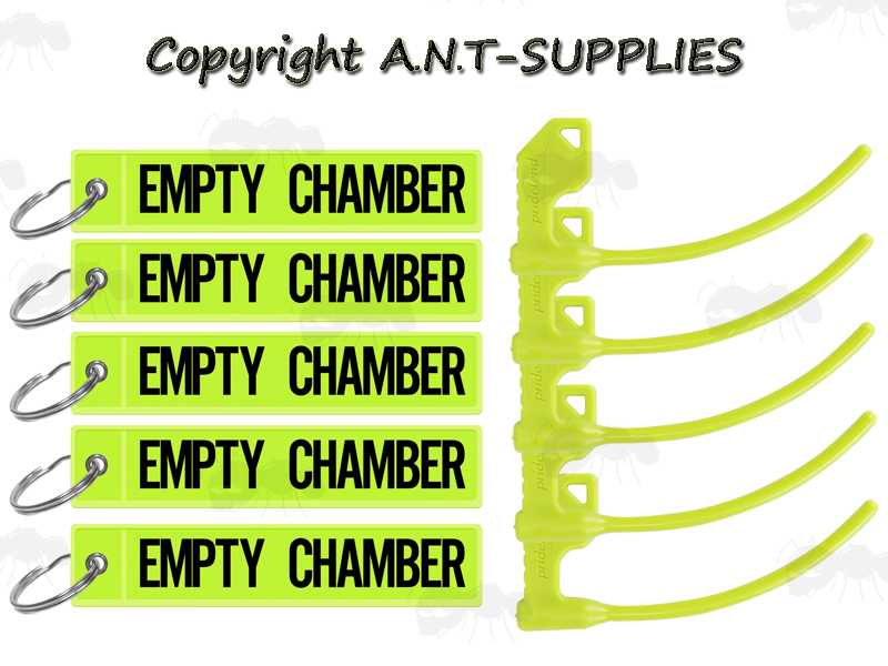 Pack of Five High-Visibility Green Reflective Empty Chamber Safety Flags with Plastic Breech Plugs