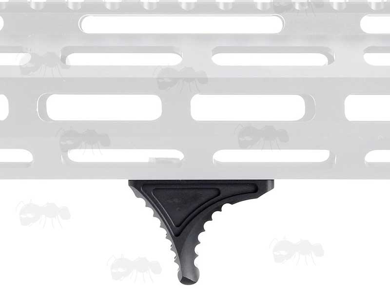 Bi-Directional Black Aluminium Mini Handstop for KeyMod or M-Lok Handguards Shown Fitted to a Rifle Handguard