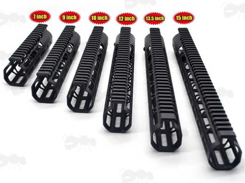 Range of Six Lengths of The AR Style Alloy M-Lok Free Float Handguard with Picatinny Top Rail, Top Profile View