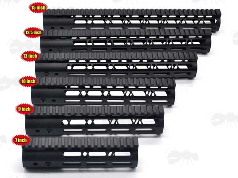 Range of Six Lengths of The AR Style Alloy M-Lok Free Float Handguard with Picatinny Top Rail, Side Profile View