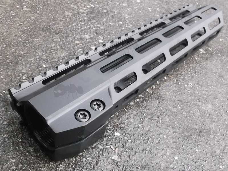 Barrel Nut Thread Fitting Side End View of The AR Style Alloy Ten Inch M-Lok Free Float Handguard with Picatinny Top Rail