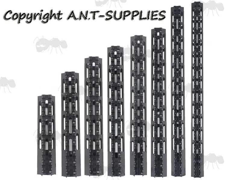 Range of Eight Lengths of The AR Style Alloy M-Lok Free Float Handguard with Picatinny Top Rail, Top Profile Viw