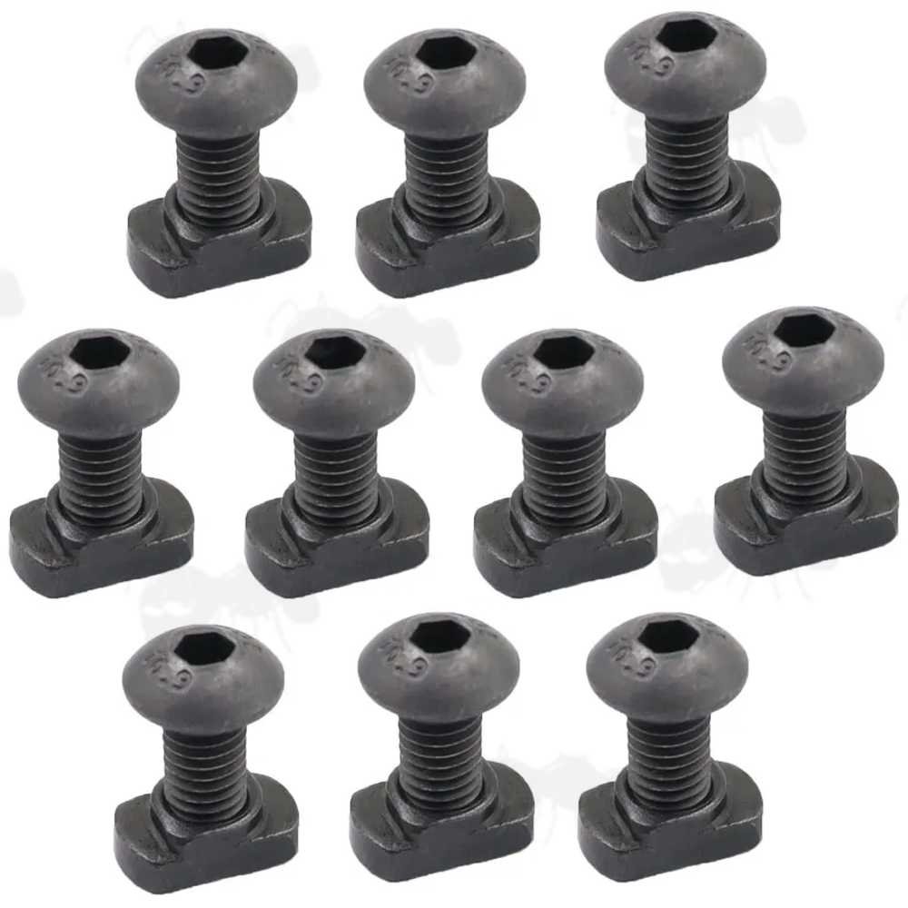 Set of Ten Black Steel M-Lok Rail Fitting T-Nuts and Hex Socket Countersunk Hex Head Screws with 5mm Threads