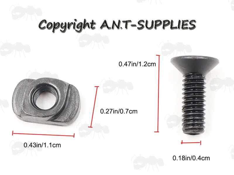 One Black Steel M-Lok Rail Fitting T-Nut and Hex Socket Countersunk Hex Head Screws with 4mm Threads