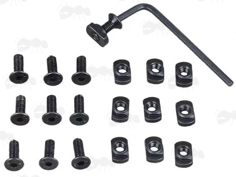 Set of Ten Black Steel M-Lok Rail Fitting T-Nuts and Hex Socket Countersunk Hex Head Screws with 4mm Threads