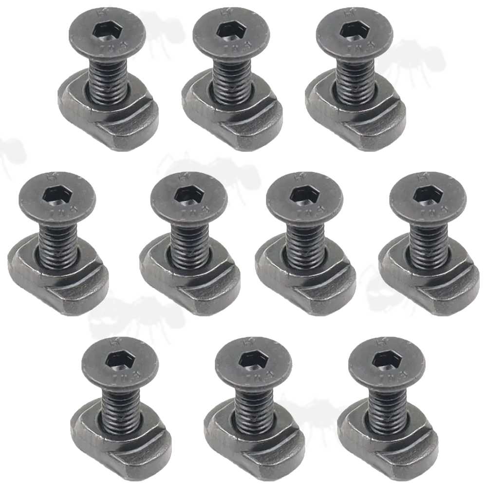Set of Ten Steel M-Lok Rail Fitting T-Nut and Domed Head Screw with 5mm Threads
