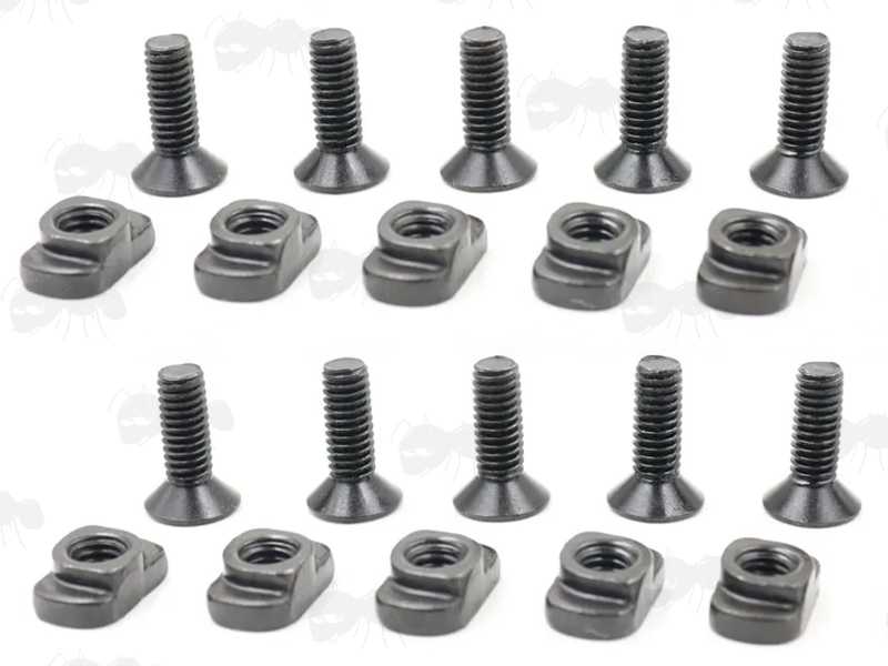 Set of Ten Black Steel M-Lok Rail Fitting T-Nuts and Hex Socket Countersunk Hex Head Screws with 5mm Threads
