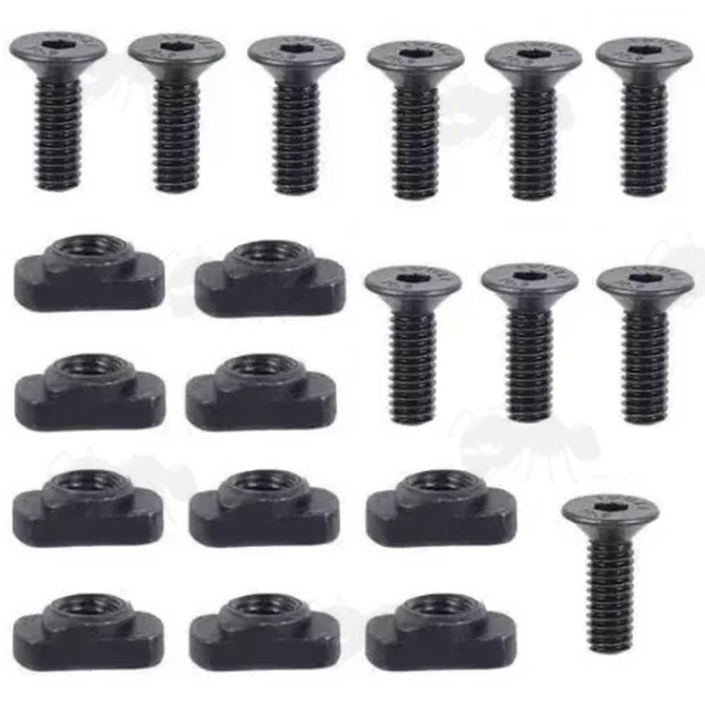 Set of Ten Black Steel M-Lok Rail Fitting T-Nuts and Hex Socket Countersunk Hex Head Screws with 5mm Threads