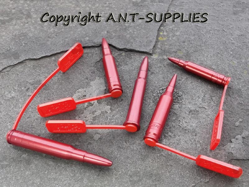 Selection of Six Red Anodised Aluminium Dummy Rifle Cartridges with Bright Red Safety Flags