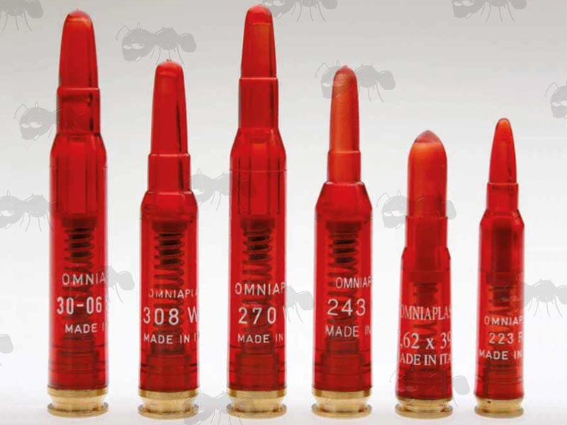 Selection of Six Omniaplast Plastic Body Rifle Snap Caps with Metal Rims, in .223, .243, .270, .308, 30-06 and 7.62x39K Calibres