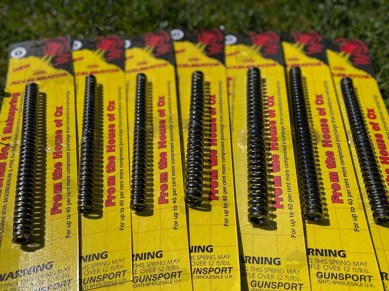 Range of OX Accelerator Air Rifle Main Springs in Yellow Hanger Display Packaging