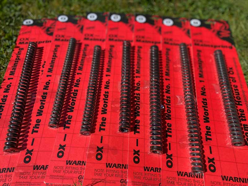 Range of OX Air Rifle Main Springs in Red Hanger Display Packaging