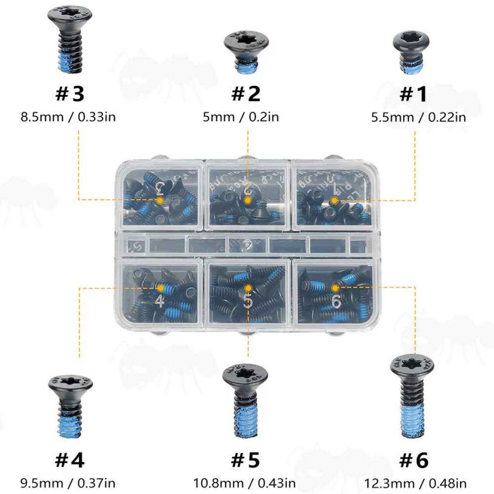 Sixty Piece Pack of #6-32 Replacement Scope Rail / Mount Screws with Flat T10 Heads, in Plastic Organiser Box