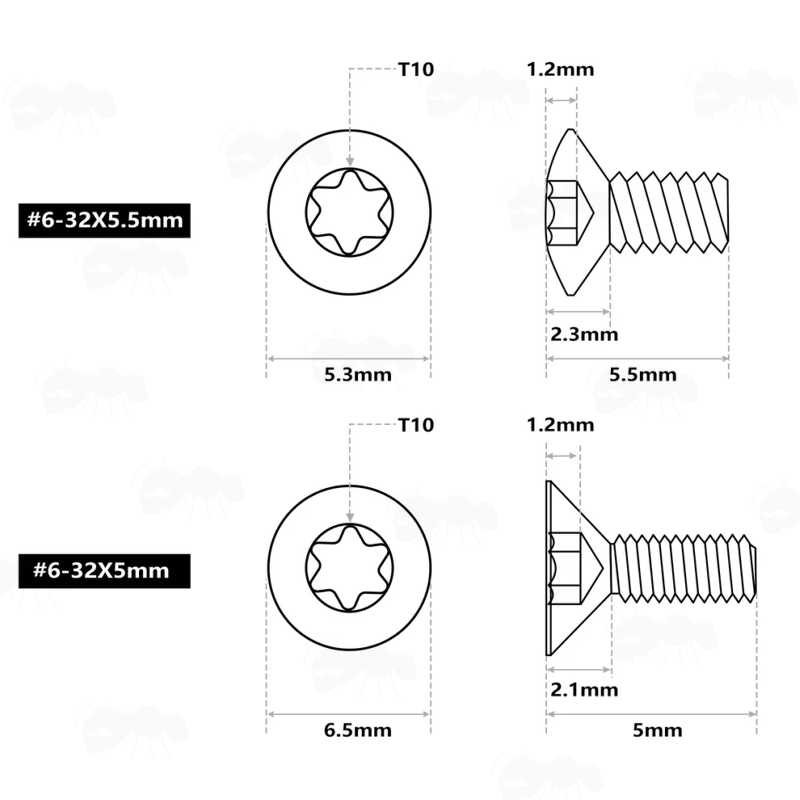 Specifications of Two of The Six #6-32 Replacement Scope Rail / Mount Screws with Flat T10 Heads