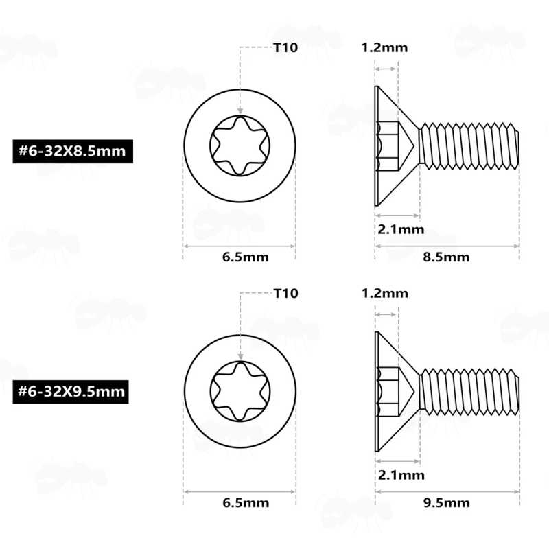Specifications of Two of The Six #6-32 Replacement Scope Rail / Mount Screws with Flat T10 Heads