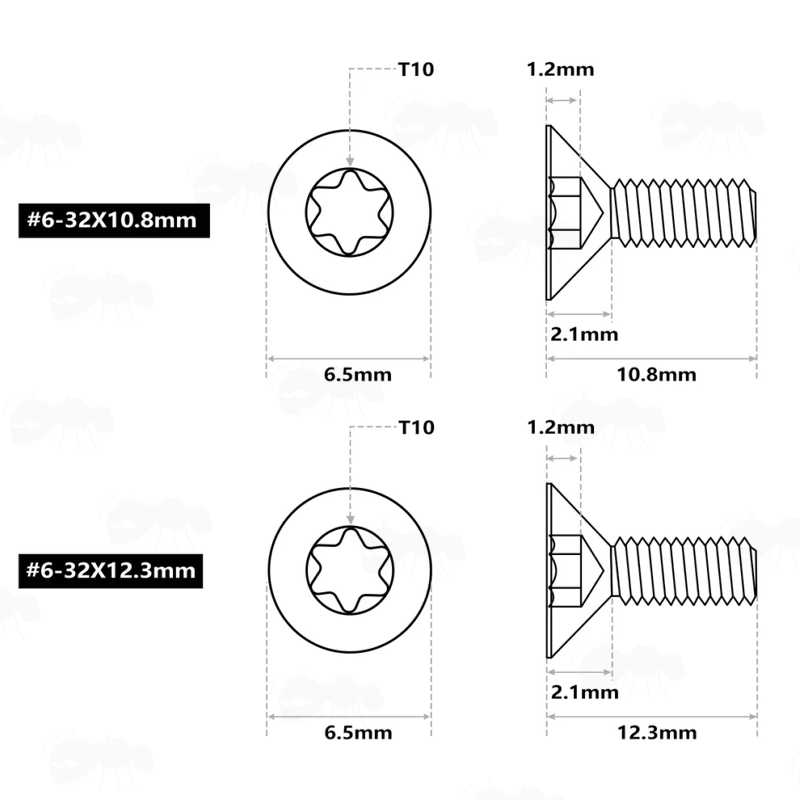 Specifications of Two of The Six #6-32 Replacement Scope Rail / Mount Screws with Flat T10 Heads