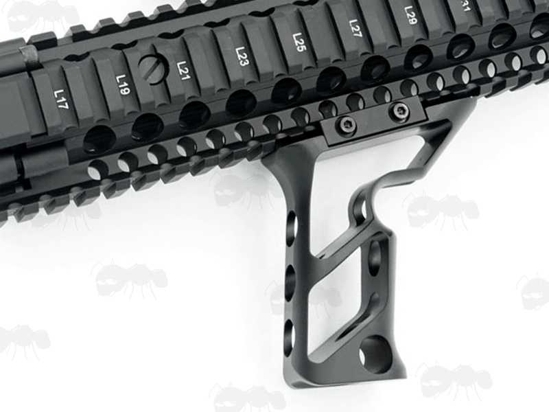 All Metal Skeletonised Vertical Rifle Forend Grip for Weaver / Picatinny Railed Handguards, In Black, Shown Fitted to a Railed Handguard