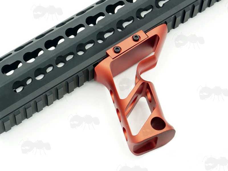 All Metal Skeletonised Vertical Rifle Forend Grip for Weaver / Picatinny Railed Handguards, In Red, Shown Fitted to a Railed Handguard