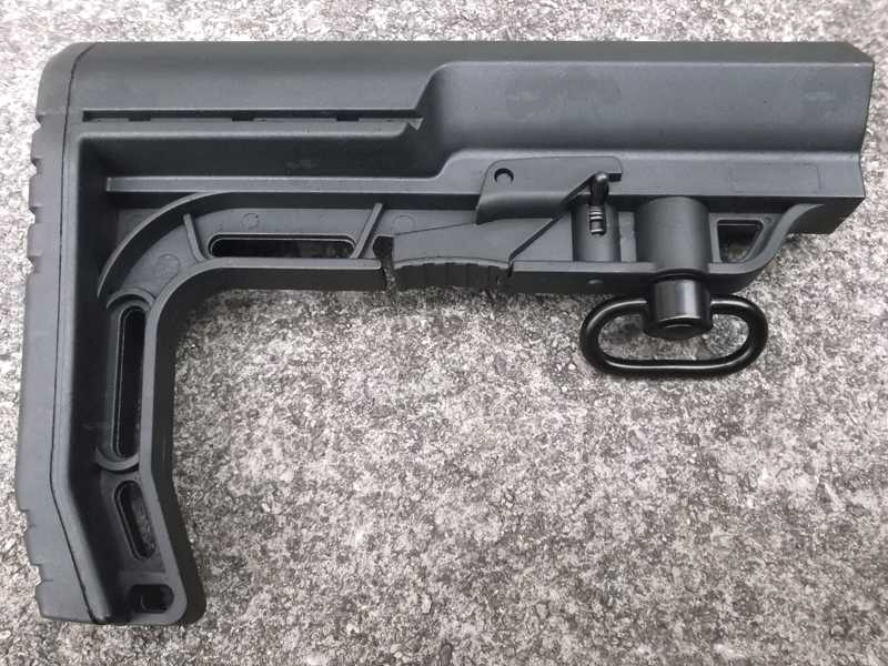 Minimalist Style Black Polymer Collapsible Tactical Rifle Buttstock, Shown with QD Swivel Fitted