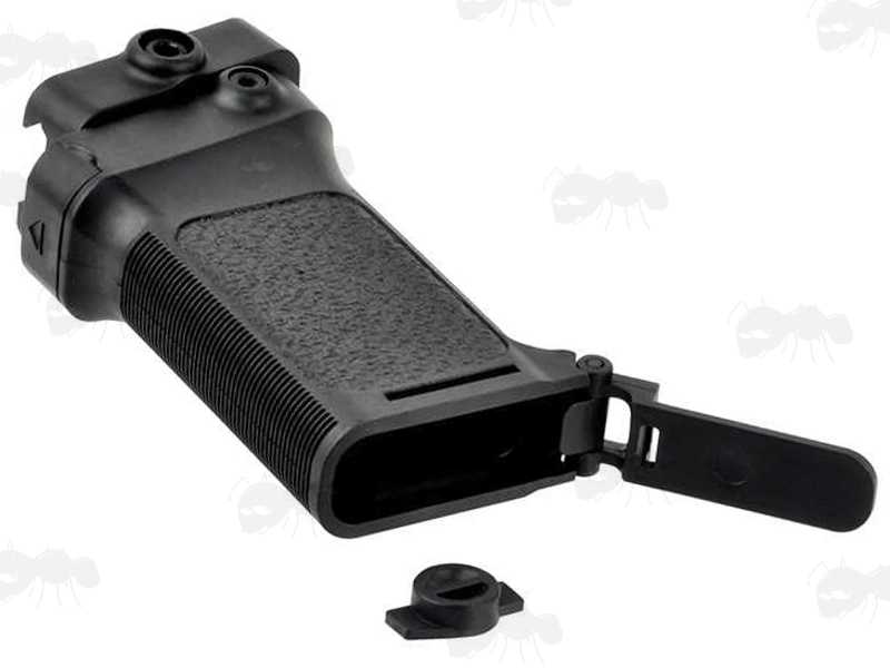 Close-Up View of The Compartment in The Tac Rifle Black Polymer Multi-Rail Handguard Fitting Angled Vertical Forend Grip