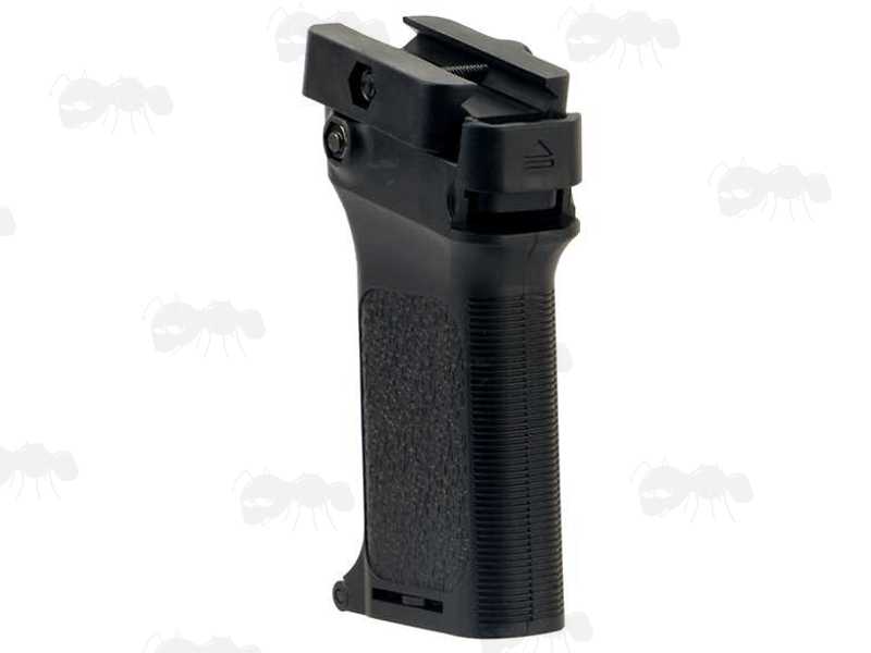 Close-Up View of The Picatinny Fitting on The Tac Rifle Black Polymer Multi-Rail Handguard Fitting Angled Vertical Forend Grip