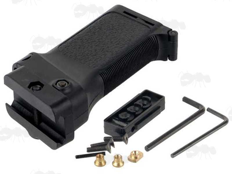 Tac Rifle Black Polymer Multi-Rail Handguard Fitting Angled Vertical Forend Grip, Shown Laid Flat with Assorted Fittings