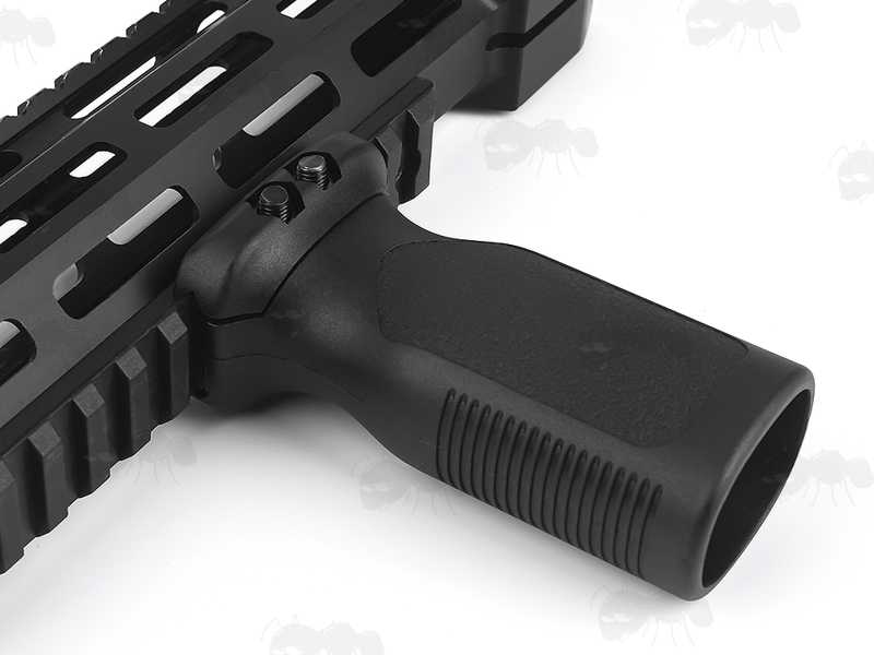 Tac Rifle Black Polymer Vertical Grip Shown Fitted to a Base Picatinny Rail on a Rifle Handguards