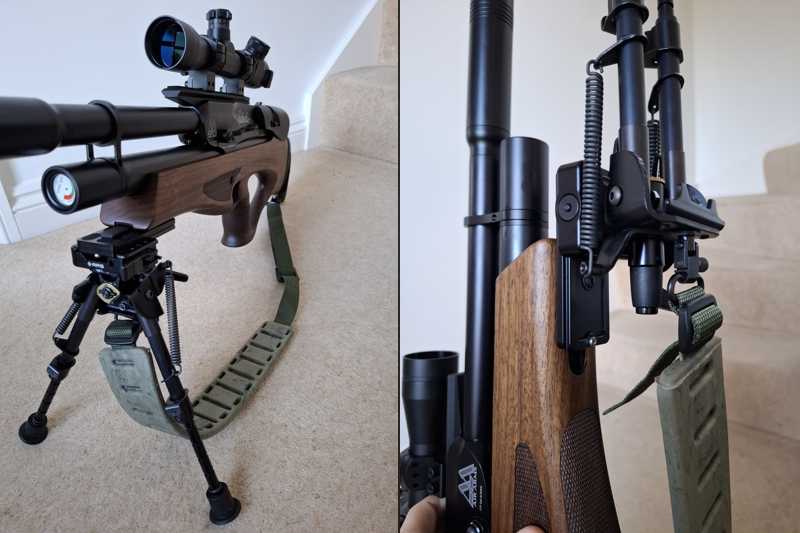 Quake Green Claw Rifle Sling, Shown Fitted to a Air Arms Galahad Airgun, Front and Base View