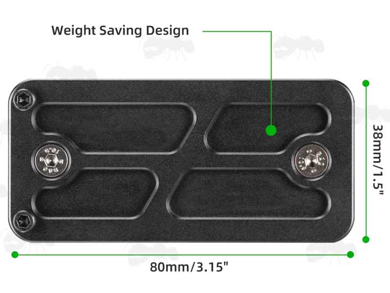 ARCA Swiss Dovetail Side View of The 80mm Long Black Anodised Aluminium ARCA Swiss Tripod Mounting Plate for Keymod Rifle Handguard