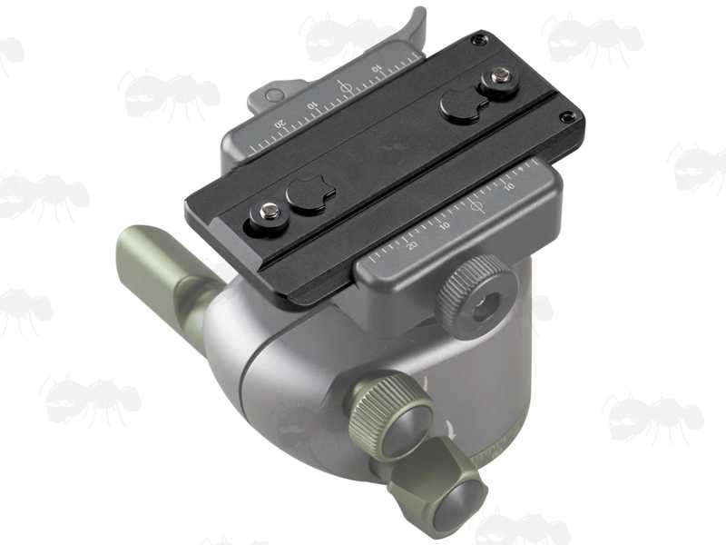80mm Long Black Anodised Aluminium ARCA Swiss Tripod Mounting Plate for Keymod Rifle Handguard, Shown Fitted to Tripod Head