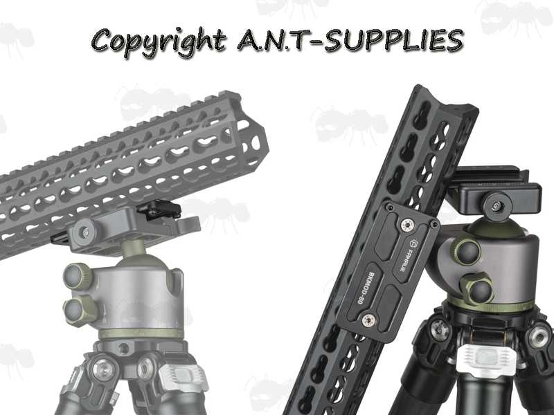 80mm Long Black Anodised Aluminium ARCA Swiss Tripod Mounting Plate for Keymod Rifle Handguard, Shown Fitted to Rifle