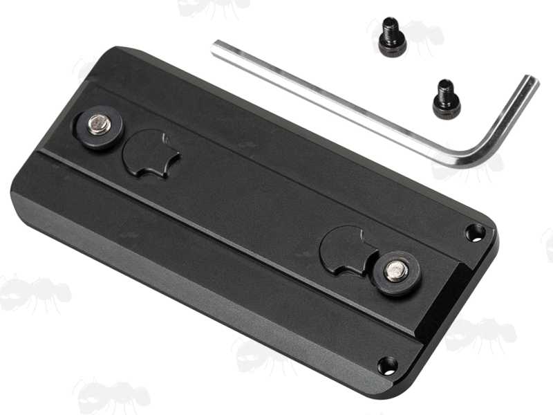 KeyMod Fittings Side View of The ARCA Swiss Dovetail Side View of The 80mm Long Black Anodised Aluminium ARCA Swiss Tripod Mounting Plate for Keymod Rifle Handguard