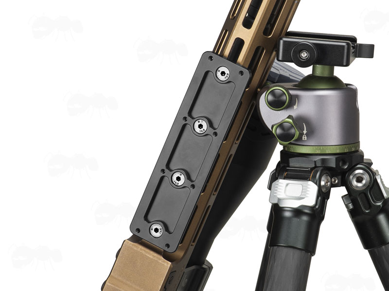 140mm Long Black Anodised Aluminium ARCA Swiss Tripod Mounting Plate Shown Fitted to an M-Lok Rifle Handguard with Tripod