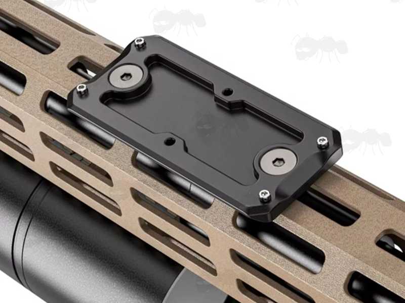 80mm Long Black Anodised Aluminium ARCA Swiss Tripod Mounting Plate, Shown Fitted to a M-Lok Rifle Handguard
