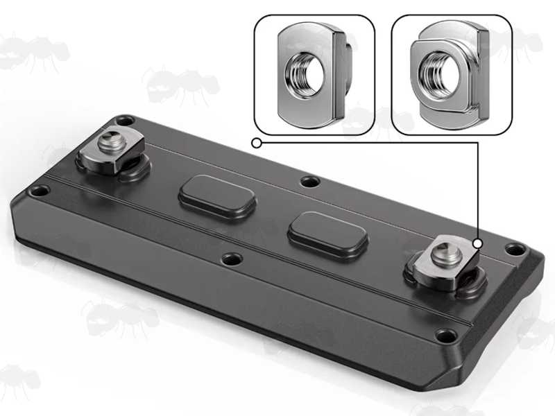 M-Lok Fittings View of The 80mm Long Black Anodised Aluminium ARCA Swiss Tripod Mounting Plate for M-Lok Rifle Handguard
