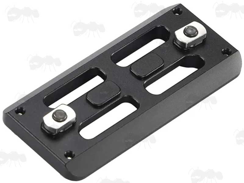 M-Lok Fittings View of The Skeletonised Style 80mm Long Black Anodised Aluminium ARCA Swiss Tripod Mounting Plate for M-Lok Rifle Handguard