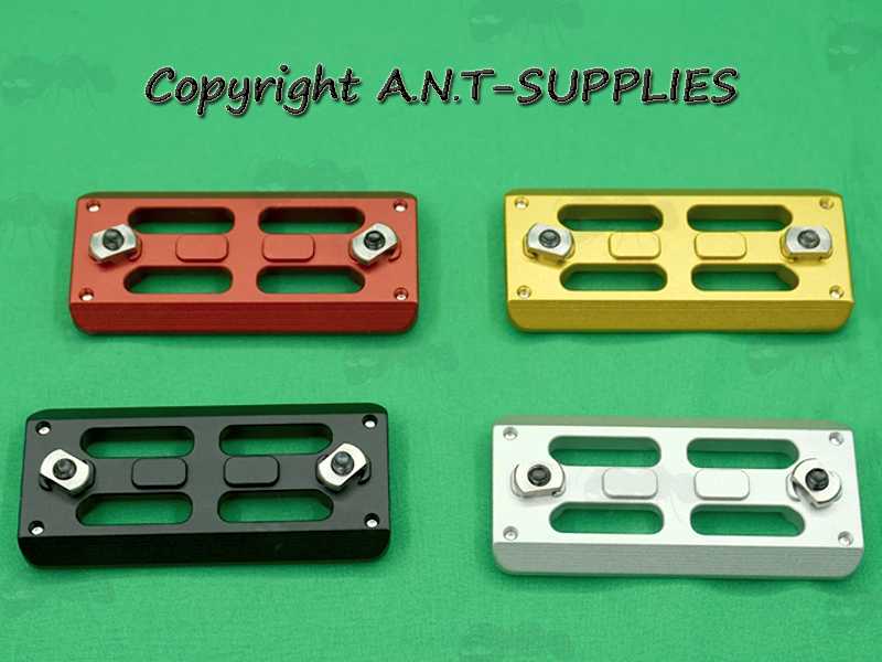 Black, Red, Yellow and Silver Anodised Aluminium 80mm Long ARCA Swiss Tripod Mounting Plates for M-Lok Rifle Handguards