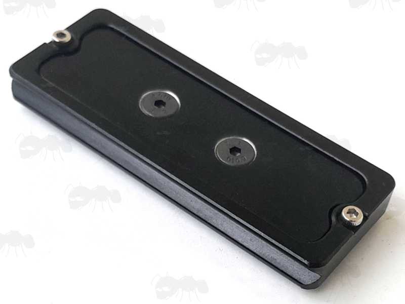 Base View of The Black Anodised Aluminium ARCA Swiss Tripod Mounting Plate for UIT / Anschutz / Euro Accessory T Slot Rifle Forend Rails