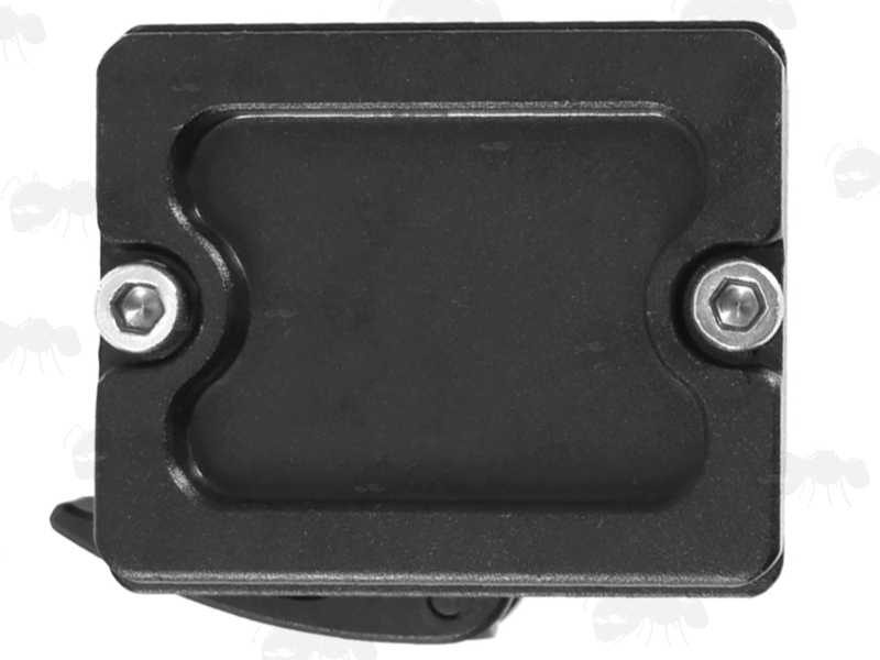 ARCA-Swiss Base View of The Black Anodised Aluminium Quick-Release Fitting Picatinny Rifle Forend Rail To ARCA-Swiss Shooting Tripod Head Adapter