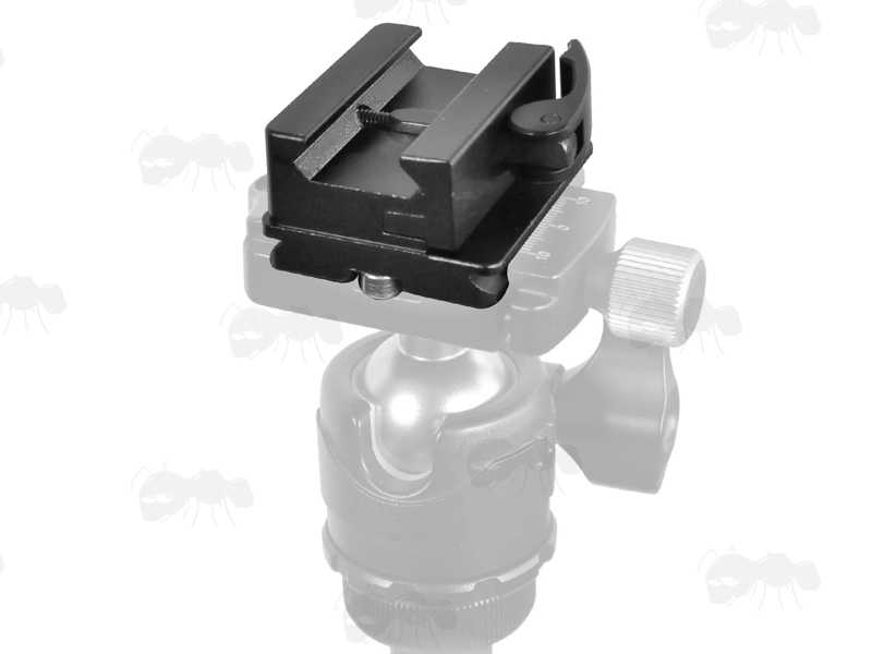 Black Anodised Aluminium Quick-Release Fitting Picatinny Rifle Forend Rail To ARCA-Swiss Shooting Tripod Head Adapter, Shown Fitted Tripod Head