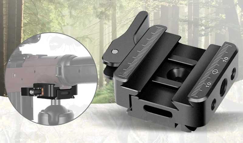 Black Anodised Aluminium ARCA-Swiss Tripod Multi Mount Base Plate Adapter with Quick-Release Lever, Shown Fitted to Rifle Forend Rail