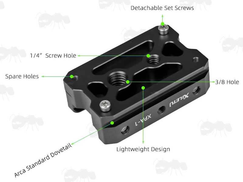 Dovetail Base View on The 60mm Long Black Anodised Aluminium ARCA Swiss Tripod Mounting Plate for Picatinny Railed Rifles, with Features Highlighted