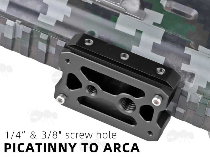 60mm Long Black Anodised Aluminium ARCA Swiss Tripod Mounting Plate for Picatinny Railed Rifles, Shown Fitted to a Handguard Rail