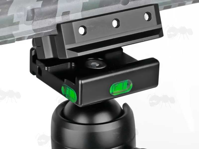 60mm Long Black Anodised Aluminium ARCA Swiss Tripod Mounting Plate for Picatinny Railed Rifles, Shown Fitted to a Handguard Rail with ARCA-Swiss Ball and Socket Head Tripod