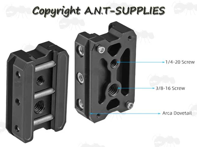 Top and Base View of The 60mm Long Black Anodised Aluminium ARCA Swiss Tripod Mounting Plate for Picatinny Railed Rifles