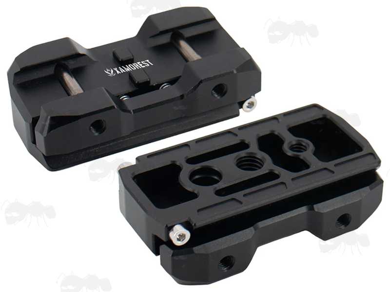 Top and Base View of The 76mm Long Black Anodised Aluminium ARCA-Swiss Tripod Mounting Plate for Rifles with Picatinny Rail Forends